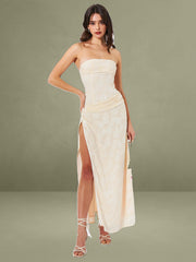 Xatia Off White Jacquard Textured High Slit Maxi Dress