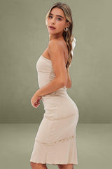 Beige Boob Tube Dress Midi Bodycon Ribbed Bandeau