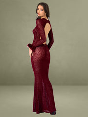 Patricia Burgundy Leopard Burnout Velvet Mesh Backless Maxi Dress