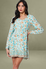 Boho Print Mini Dress Long Sleeve V Neck
