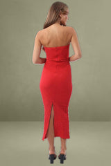 Red Textured Midi Bodycon Boob Tube Dress