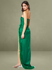 Perrin Emerald Green Feather Dress High Slit Gown
