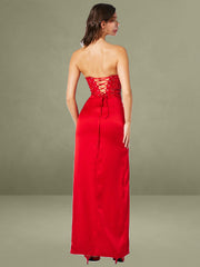 Kadesha Red Crystal High Slit Satin Corset Gown