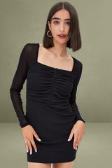 Black Long Sleeve Mini Bodycon Mesh Dress with Hook & Eye