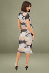 Brown Abstract Midi Dress Short Sleeve Bodycon Mesh