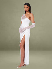 Lora White Crystal Embellished Mesh Satin Corset Gown
