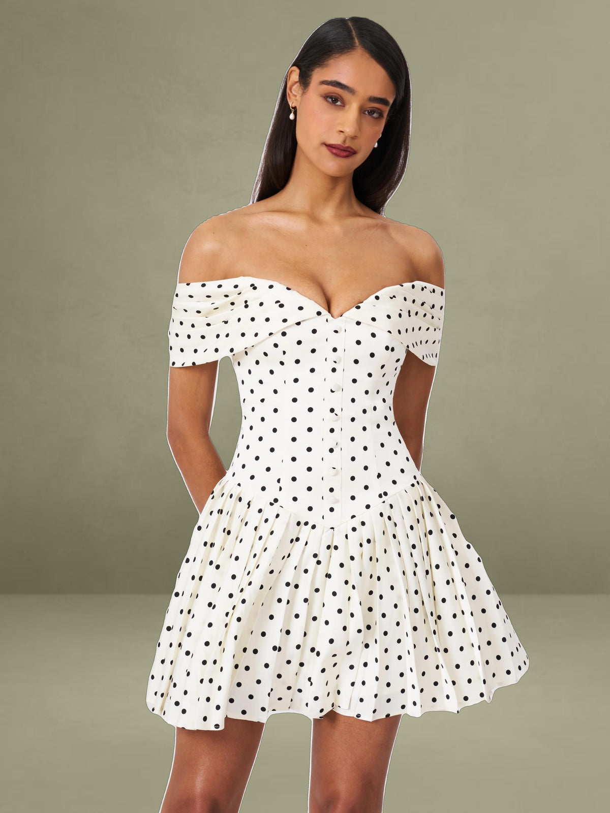 Edeline Polka Dot Off-shoulder Pleated Mini Dress