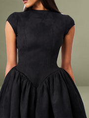Jacqueline Backless Black Mini Puffy Suede Dress