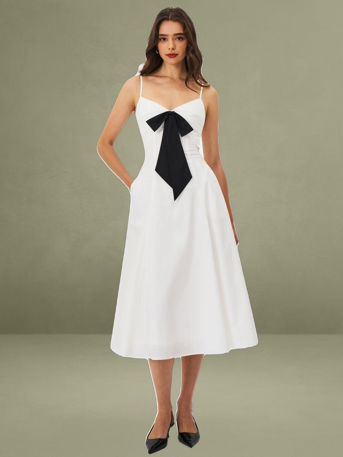 Corinne White Poplin Flared Maxi Dress with Removable Bow