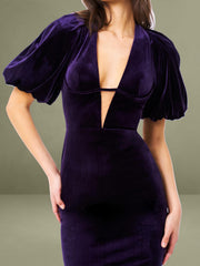 Purple Velvet Bubble Sleeve Backless Maxi Dress