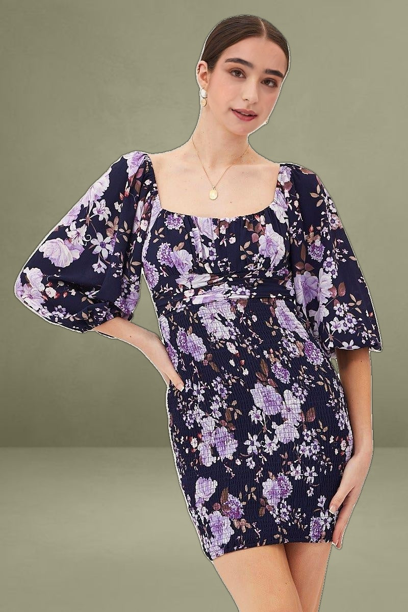 Print Shirred Dress Long Sleeve Mini