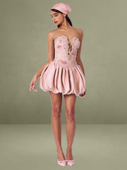 Palesa Pink Ballet Style Embroidered Bubble Hem Mini Dress
