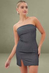 Grey Stripe Bodycon Dress Strapless Boob Tube Mini