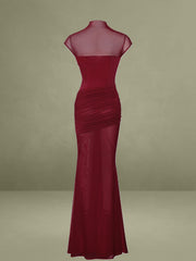 Fabienne Burgundy Mesh Cap Sleeve Mermaid Gown