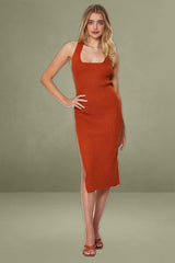 Brown Midi Dress Square Neck Knit