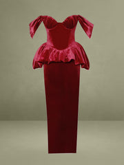 Abigail Velvet Off Shoulder Bubble Hem Peplum Maxi Dress