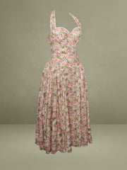 Niya Floral Print Linen Halter Corset Maxi Dress