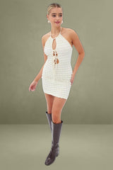 Beige Textured Mini Dress Backless