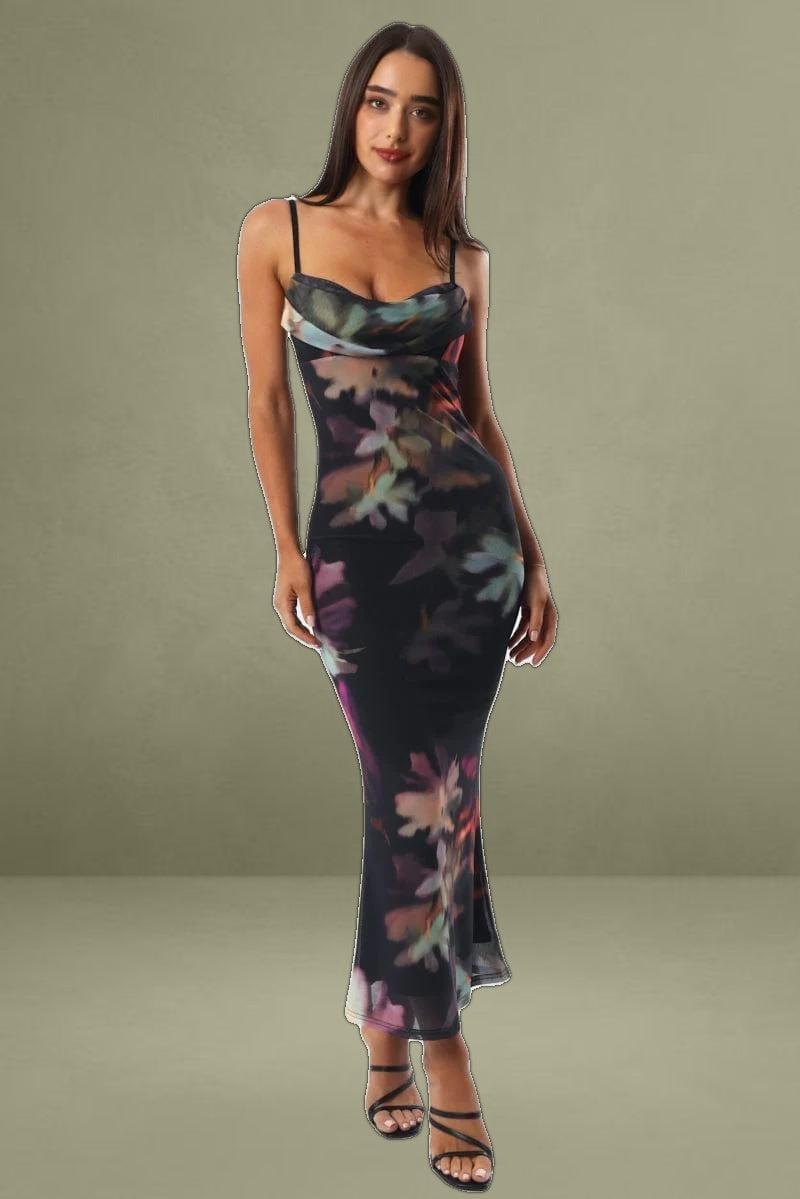 Black Floral Bodycon Dress Singlet Cowl Neck Maxi