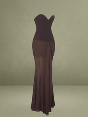 Espresso Sweetheart Draped Mesh Mermaid Maxi Dress