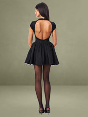 Jacqueline Backless Black Mini Puffy Suede Dress