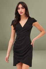 Black Bodycon Dress Short Sleeve Mini V Neck
