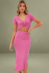 Pink Bodycon Dress Rib Twist Front Cut Out Short Sleeve