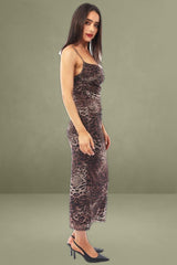 Brown Animal Print Maxi Mesh Bodycon Dress