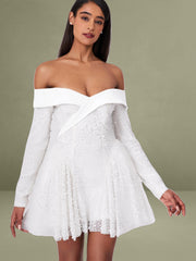 Bead Embroidered Mesh Off-Shoulder Long Sleeve Mini Dress