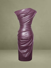 Purple Leather Slash Neck Midi Dress