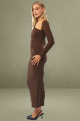 Brown Textured Midi Bodycon Dress