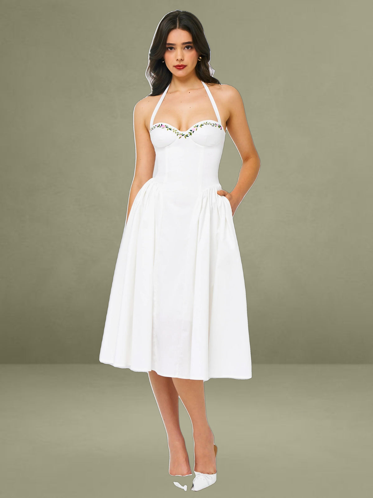 Gianna White Embroidered Halter Maxi Dress
