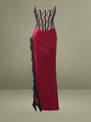 Gaia Burgundy Lace Velvet Corset Side Slit Dress