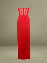 Red Satin Lace Corset Maxi Dress