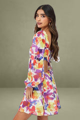 Multi Floral Dress Watercolour Print Ring Front Balloon Sleeve
