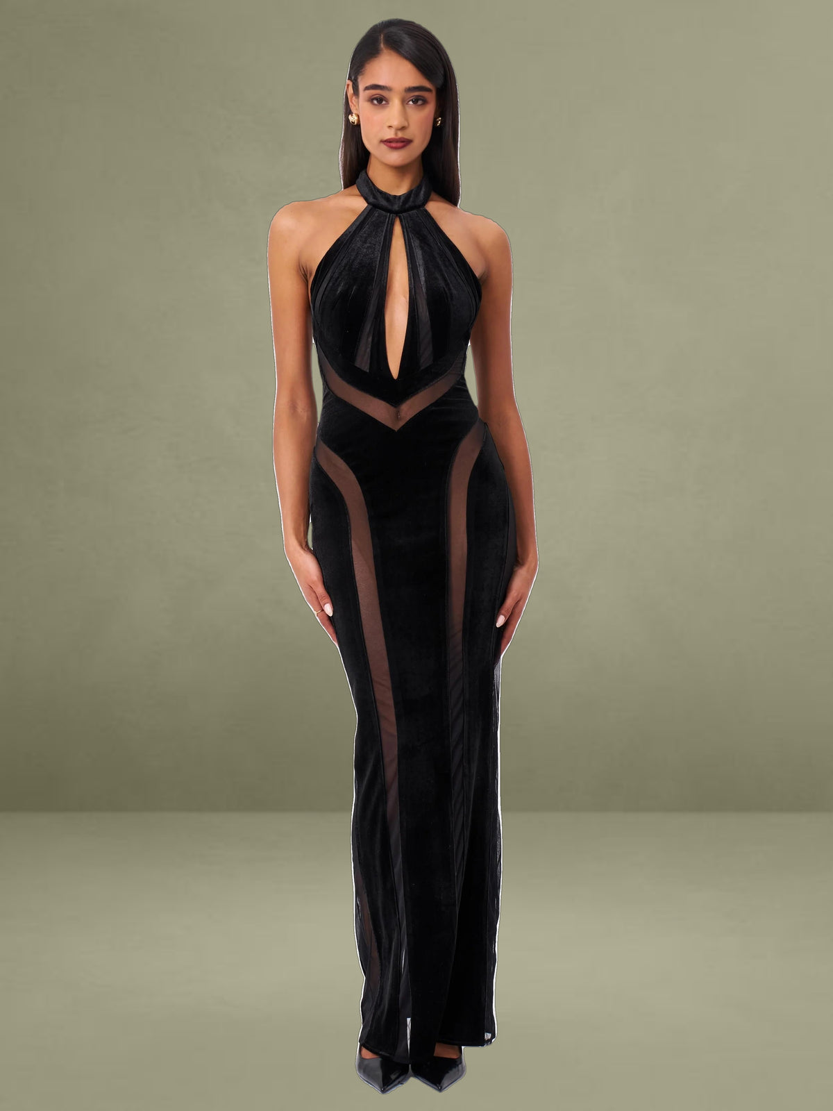 Paityn Black Velvet Mesh Cutout Halter Gown