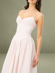 Pink Stripe Ruched Breast Cotton Jacquard Midi Dress