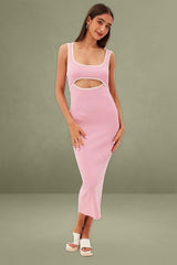Pink Knit Dress Midi Sleeveless Contrast Binding