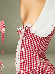 Red Gingham Eyelet Lace Trim Peter Pan Collar Mini Dress