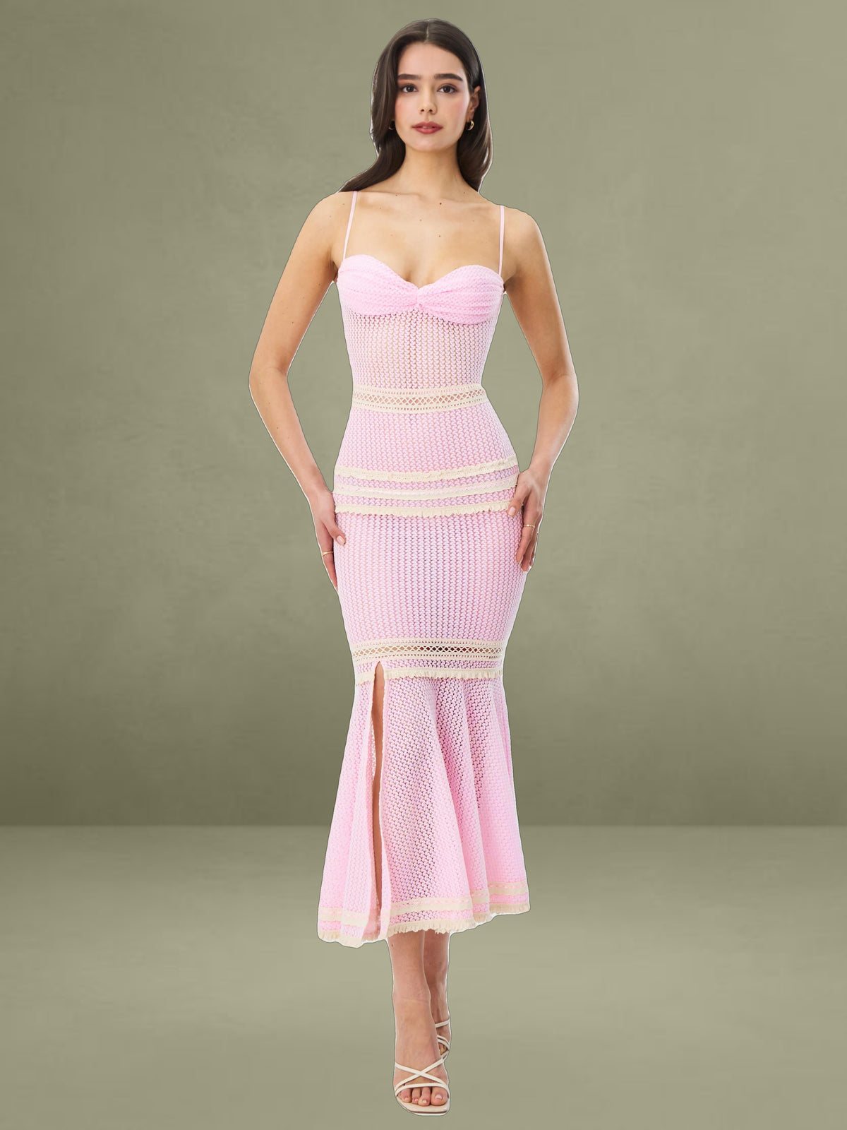 Pallas Pink Lace Trim Crochet Mermaid Maxi Dress