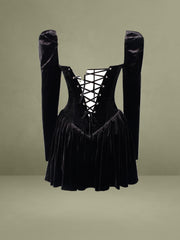 Yolanda Black Velvet Long Sleeve Mini Dress with Lace Trim