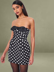 Tahira Black Polka Strapless Mini Dress with Bow