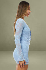Blue Bodycon Dress Mini Long Sleeve Burnout
