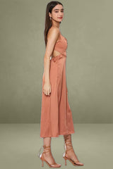 Brown Midi Dress Cowl Neck Satin