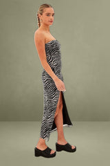 Black Animal Print Bodycon Dress Midi Strapless Side Split Mesh