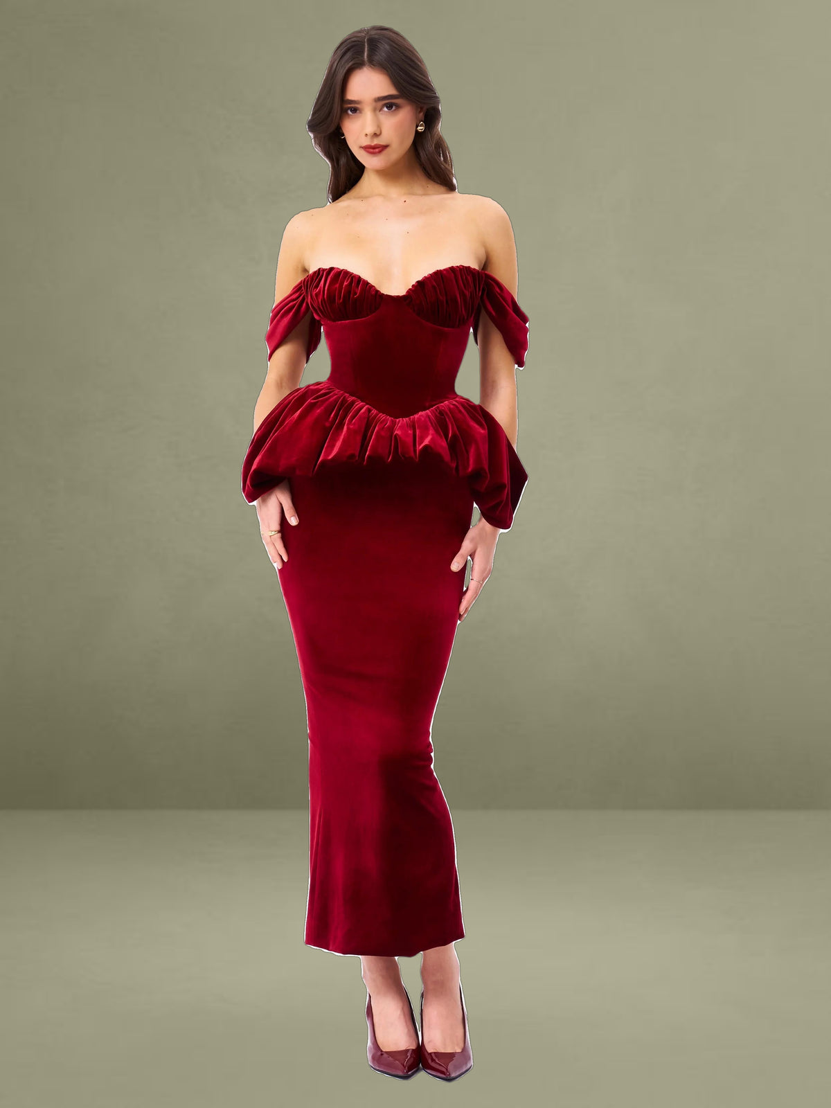 Abigail Velvet Off Shoulder Bubble Hem Peplum Maxi Dress