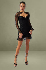 Long Sleeve Ruffle Cuff Corset Black Lace Dress