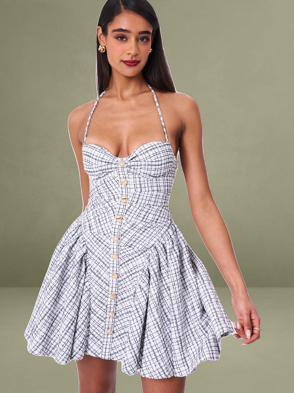 Melody Black and White Plaid Tweed Halter Drop Waist Mini Dress