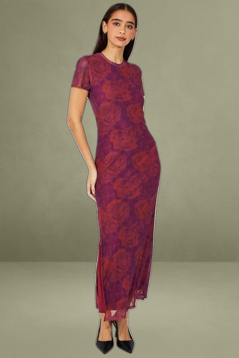 Red Floral Short Sleeve Crew Neck Bodycon Mesh Maxi Dress