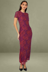 Red Floral Short Sleeve Crew Neck Bodycon Mesh Maxi Dress